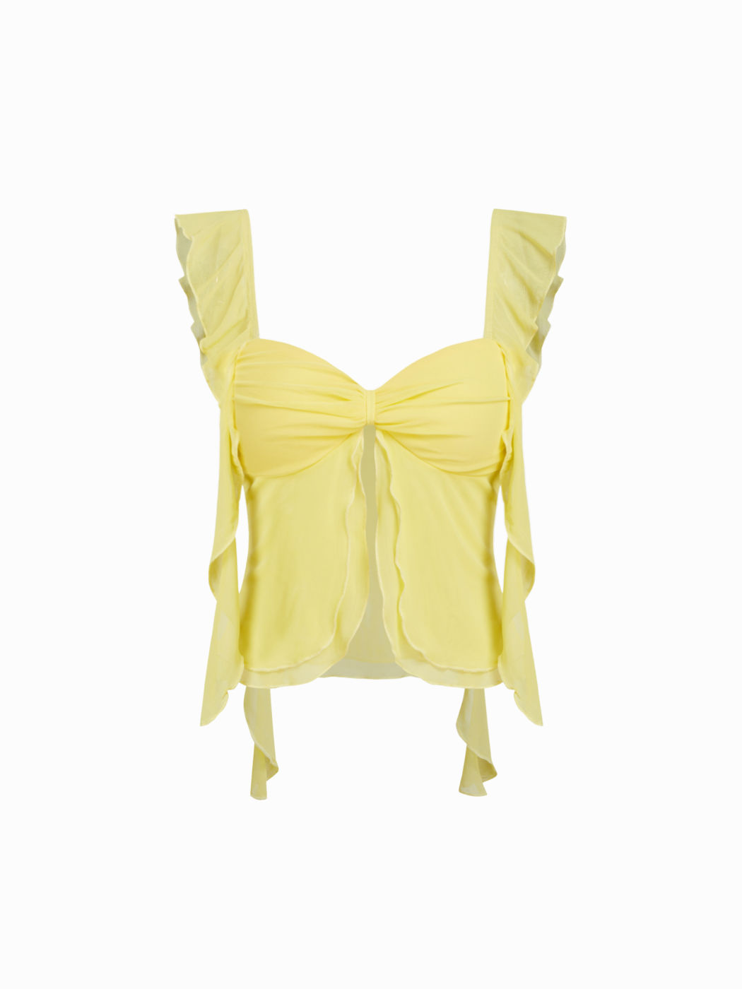 Set Top in Mesh con Scollo a Cuore e Volant e Mini Gonna a Vita Media con Bordo a Lattuga