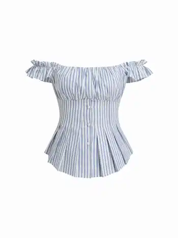 Baumwollmischung Off-shoulder Streifen gefaltete Blattrahmung Bluse
