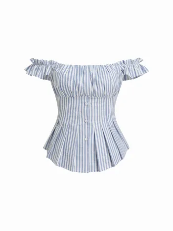 Baumwollmischung Off-shoulder Streifen gefaltete Blattrahmung Bluse