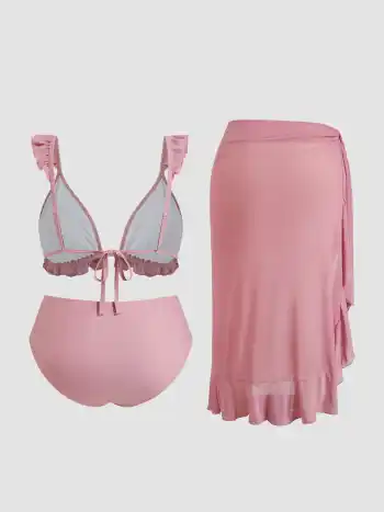 V-Ausschnitt, Salatrand-Triangle-Bikini-Set mit Strandrock Kurve & Plus