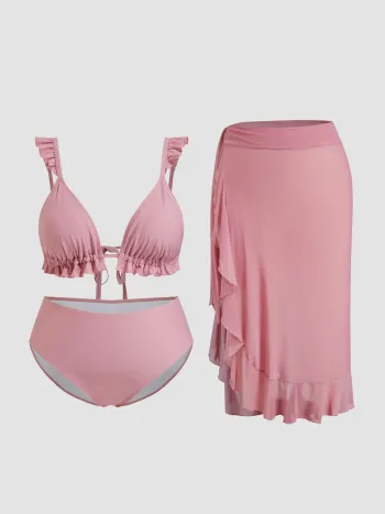 V-Ausschnitt, Salatrand-Triangle-Bikini-Set mit Strandrock Kurve & Plus