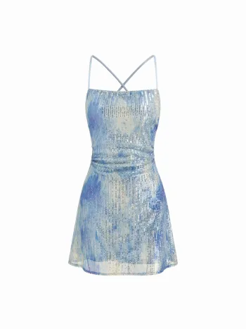 Sequinedeckung, quadratischer Hals, Gradient, gerucherte Rückenlosigkeit, Criss Cross Mini-Kleid