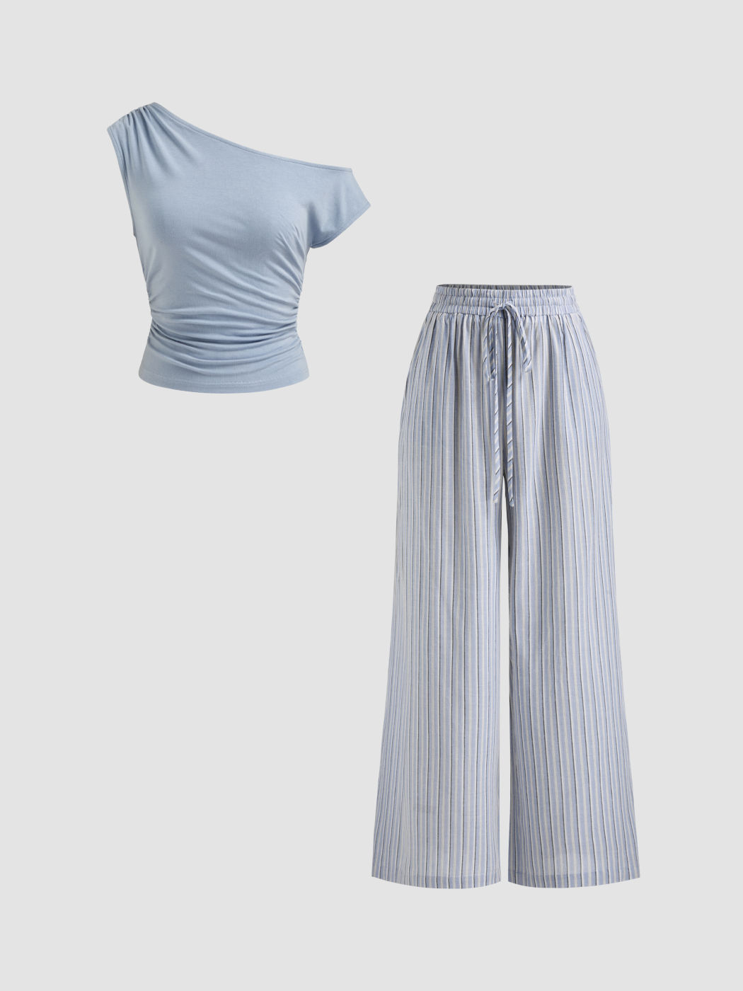 100% Cotton Off-shoulder Ruched Top & Mid Rise Stripe Elastic Waist Wide Leg Trousers Set