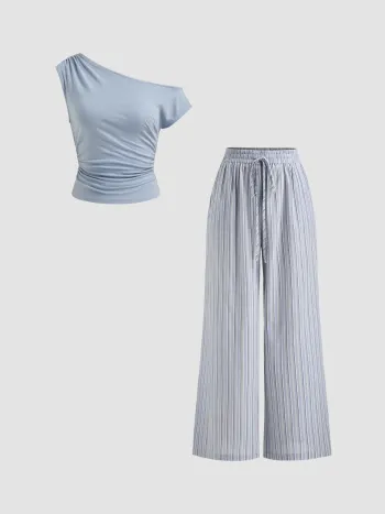100% Cotton Off-shoulder Ruched Top & Mid Rise Stripe Elastic Waist Wide Leg Trousers Set