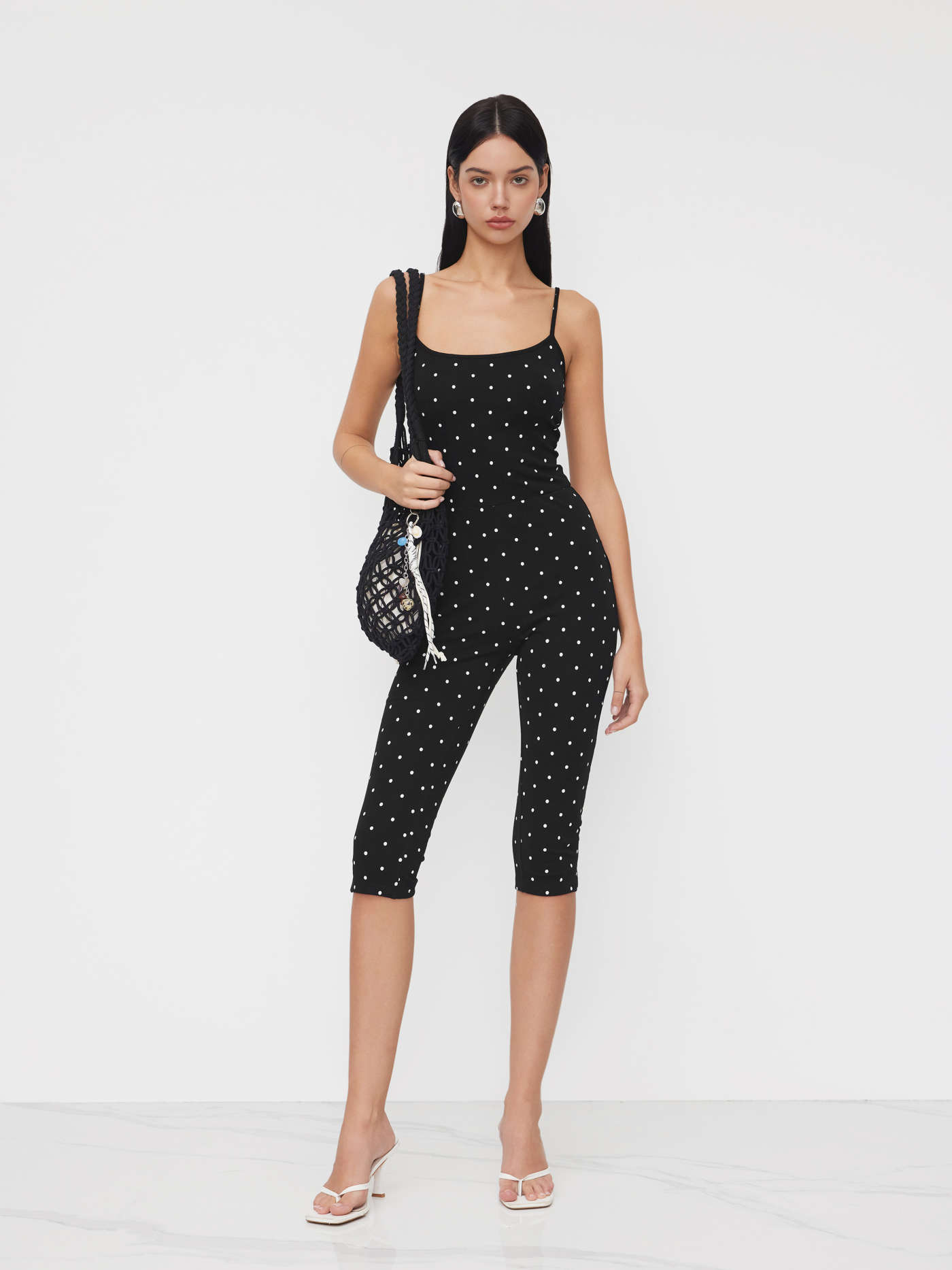 Cotton-blend Polka Dot Capri Jumpsuit
