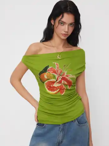Jersey Asymmetrical Neck Floral Ruched Top