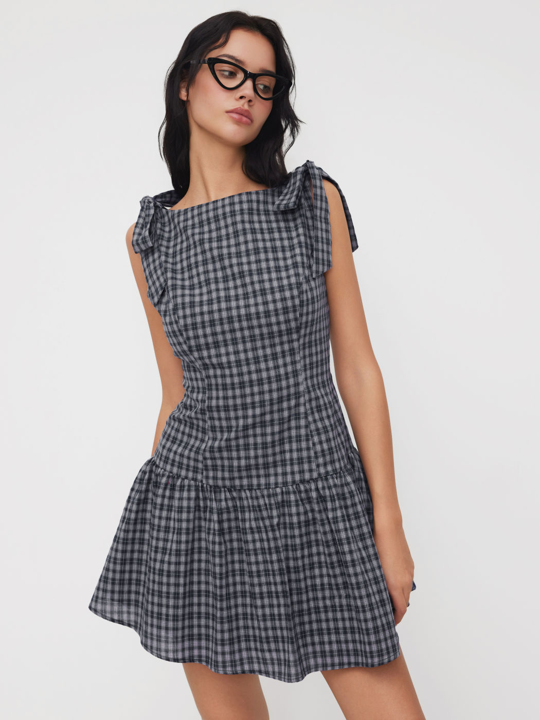 100% Cotton Boat Neck Bowknot Plaid Ruffle Mini Dress