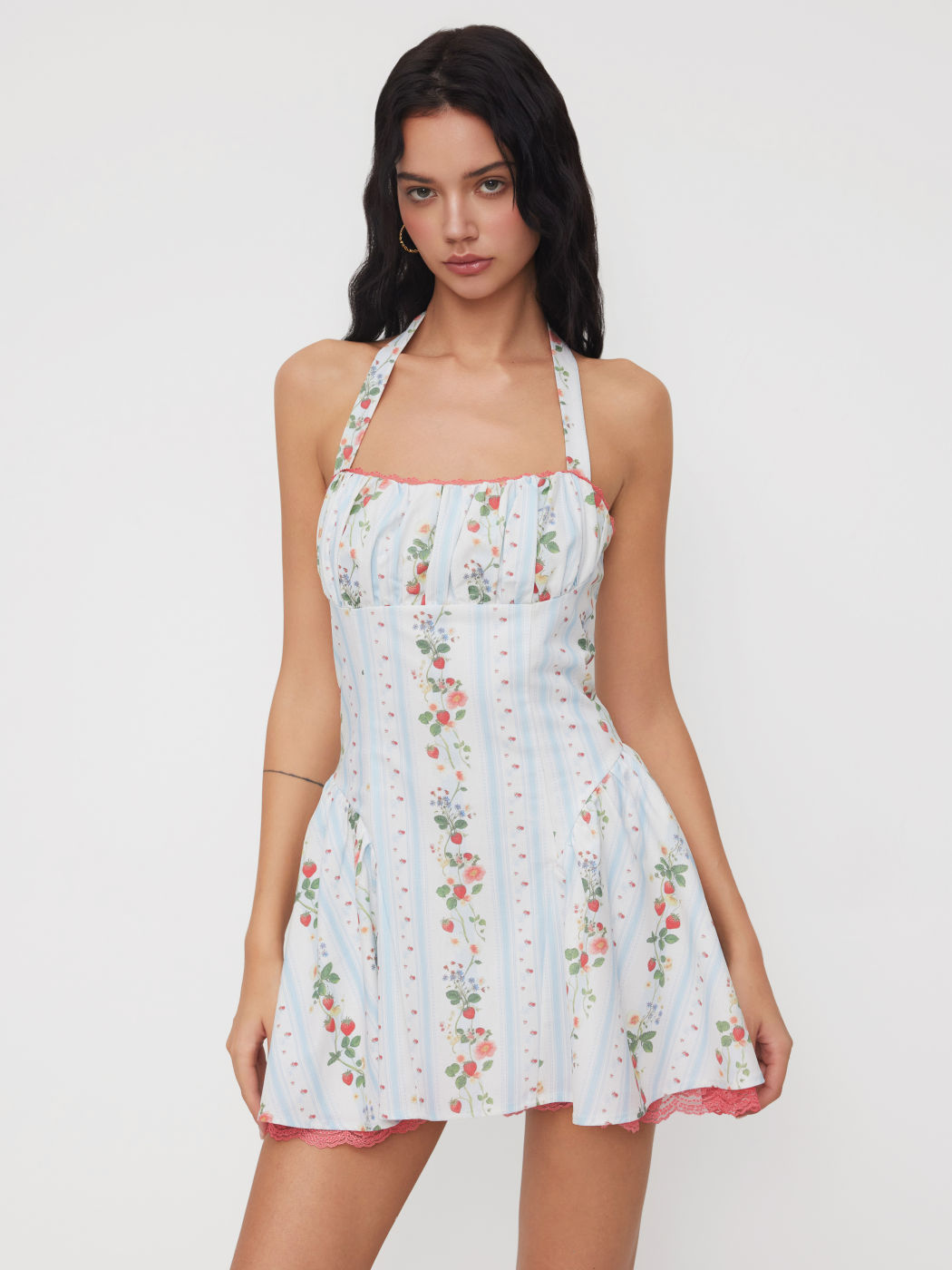 Linen-blend Halter Neckline Strawberry Floral Lace Up Ruffle Mini Dress