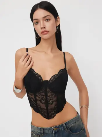 Top Cami Crop Corsetto con Scollo a V in Pizzo