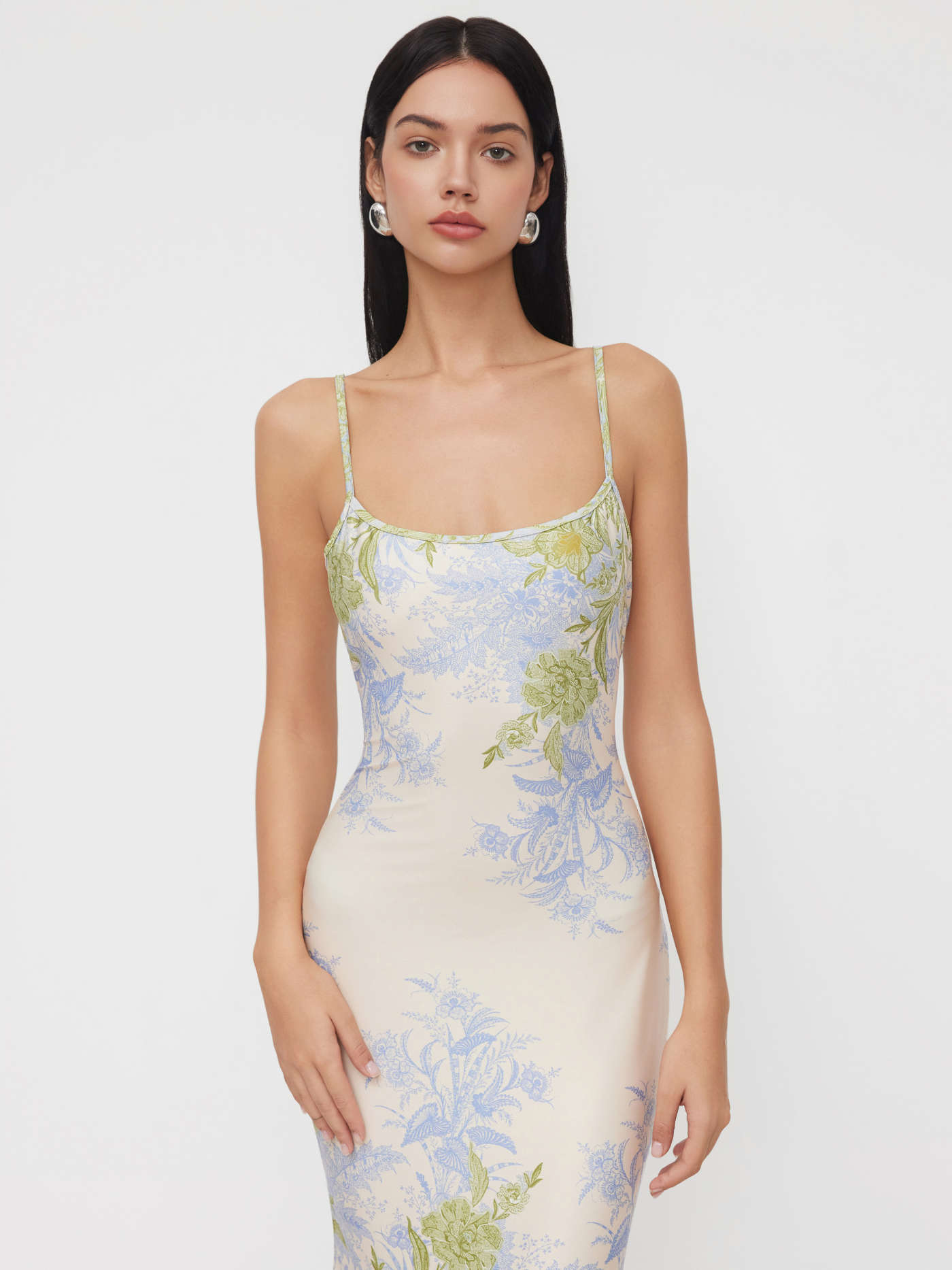 Knit Fabric U-neckline Floral Ruffle Mermaid Maxi Dress For Wedding