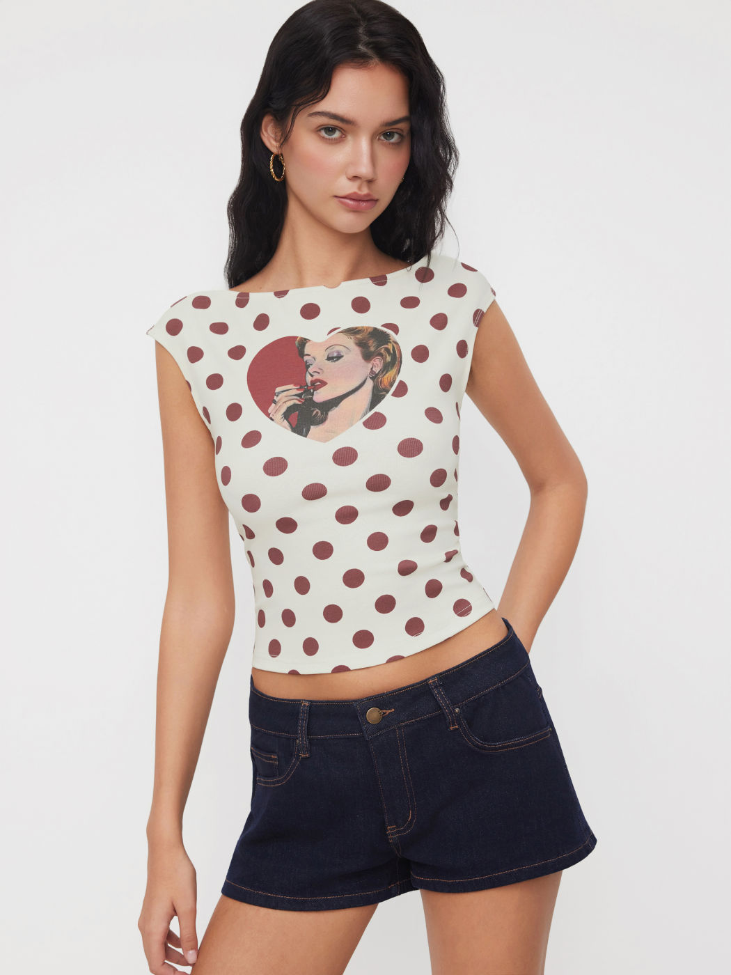 Cotton-blend Boat Neck Polka Dot Heart Figure Graphic Backless Tee