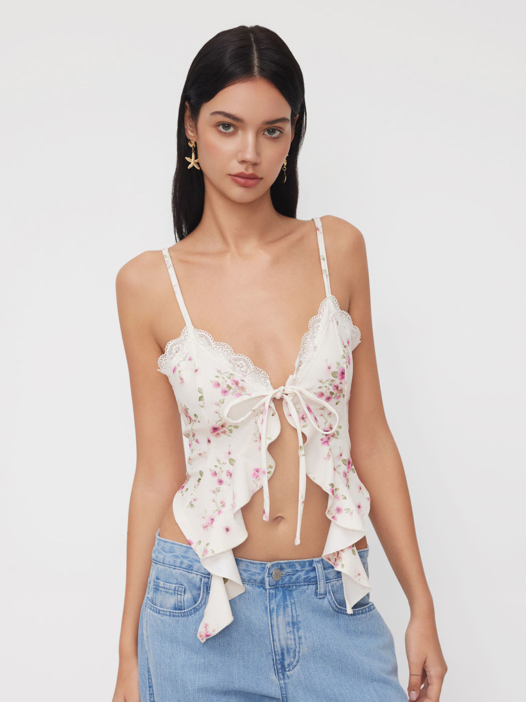 V-Ausschnitt Blumenmuster Knoten Rüschensaum Camisole Oberteil