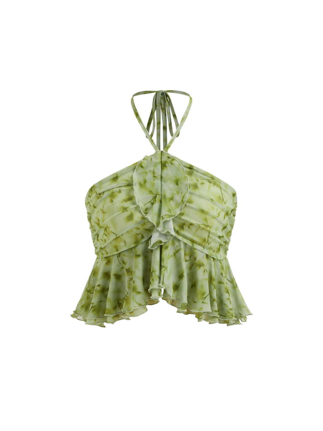 Mesh Floral Halter Neckline Ruched Ruffle Hem Crop Top