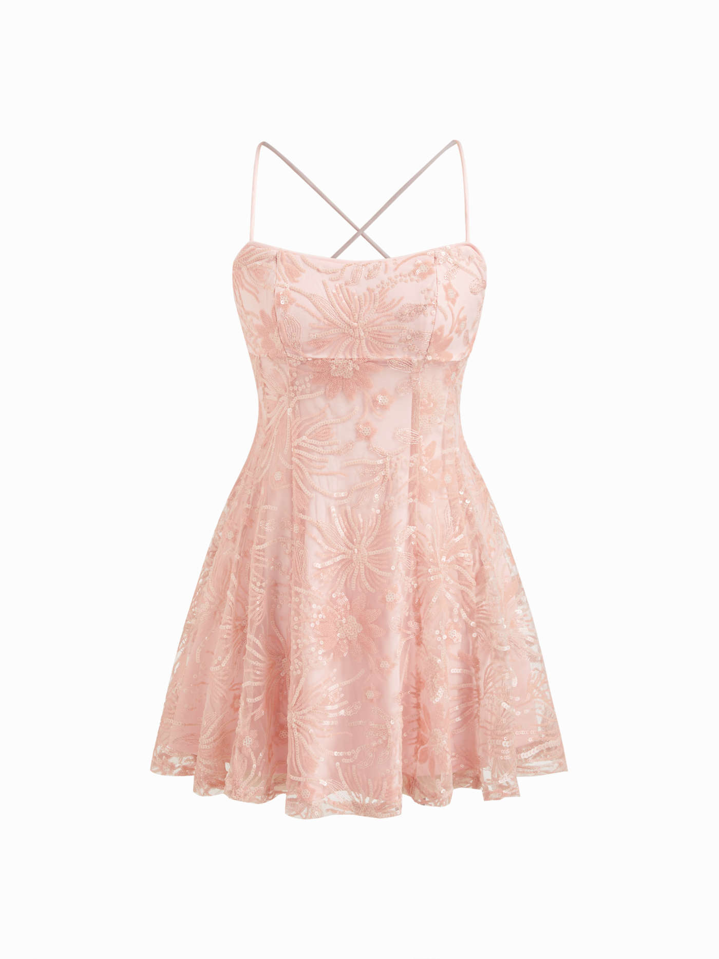 Sequin Floral Square Neck Backless Criss Cross Mini Dress