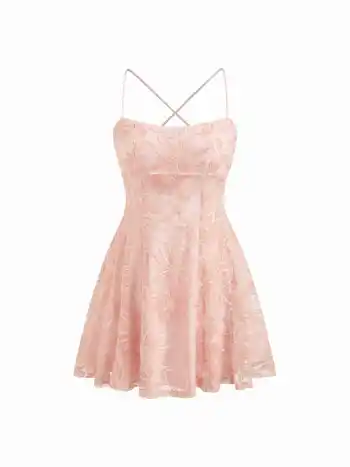 Sequinedeckiges Blumen-Mini-Kleid mit quadratischem Hals und Kreuzverschluss hinten