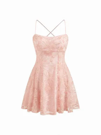 Sequinedeckiges Blumen-Mini-Kleid mit quadratischem Hals und Kreuzverschluss hinten