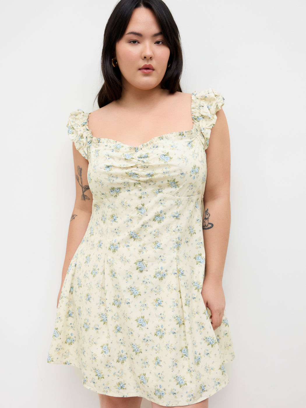 Cotton Sweetheart Floral Lettuce Trim Mini Dress Curve & Plus