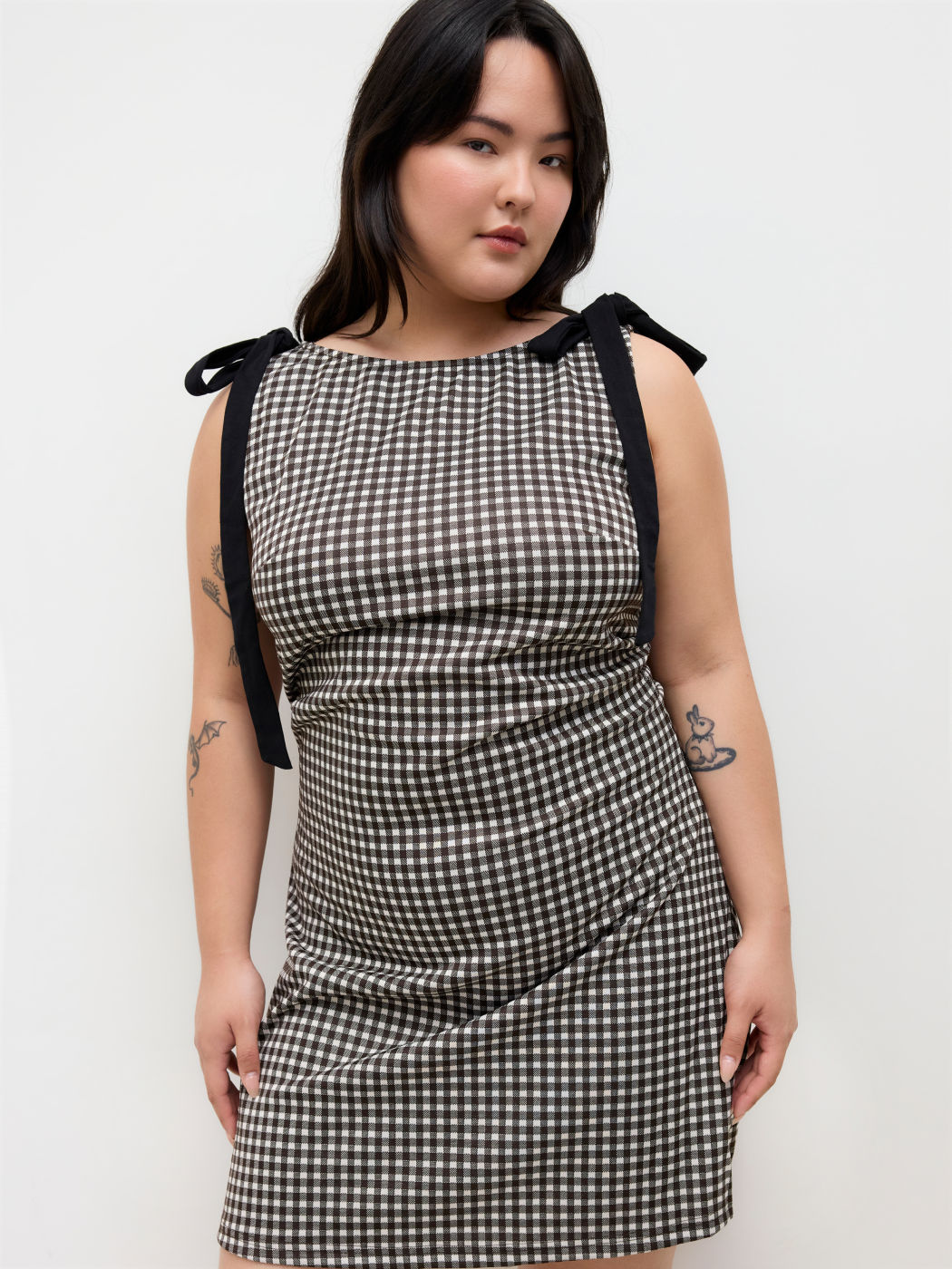 Round Neckline Gingham Bowknot Ruched Mini Dress Curve & Plus