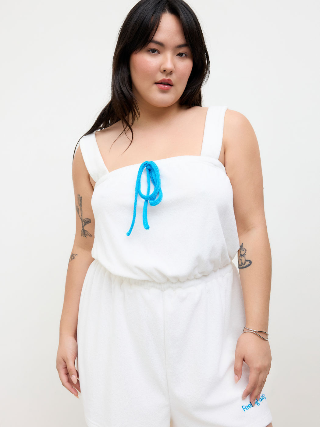 Terry Square Neck Feeling Salty Embroidery Drawstring Knotted Romper Curve & Plus