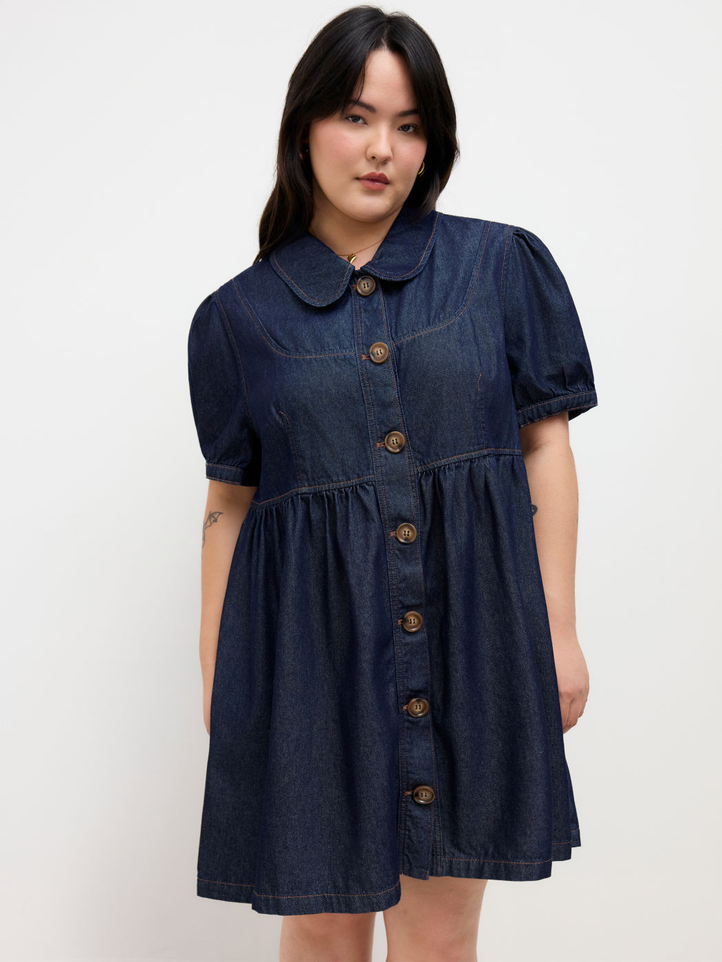 Denim Peter Pan Collar Button Puff Sleeve Mini Babydoll Dress Curve & Plus