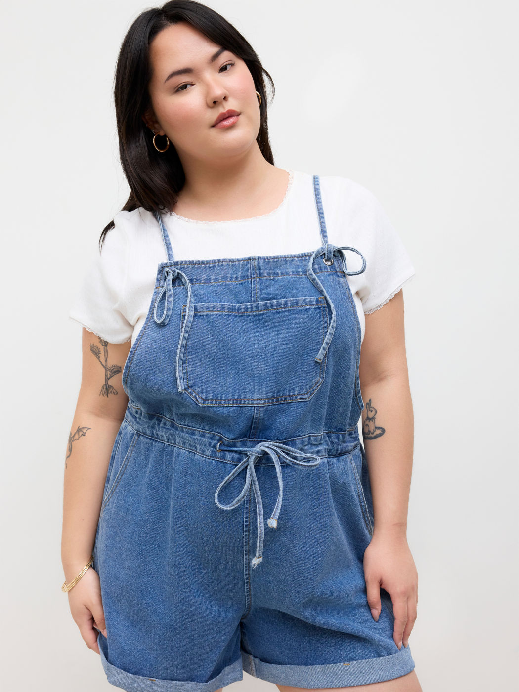 Denim Drawstring Knotted Roll Hem Romper Curve & Plus