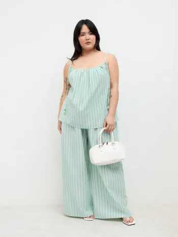 Baumwollmischung Streifen Perlen gefaltete Camisole & Mittelhohe Weite Beine Hose Set Kurve & Plus