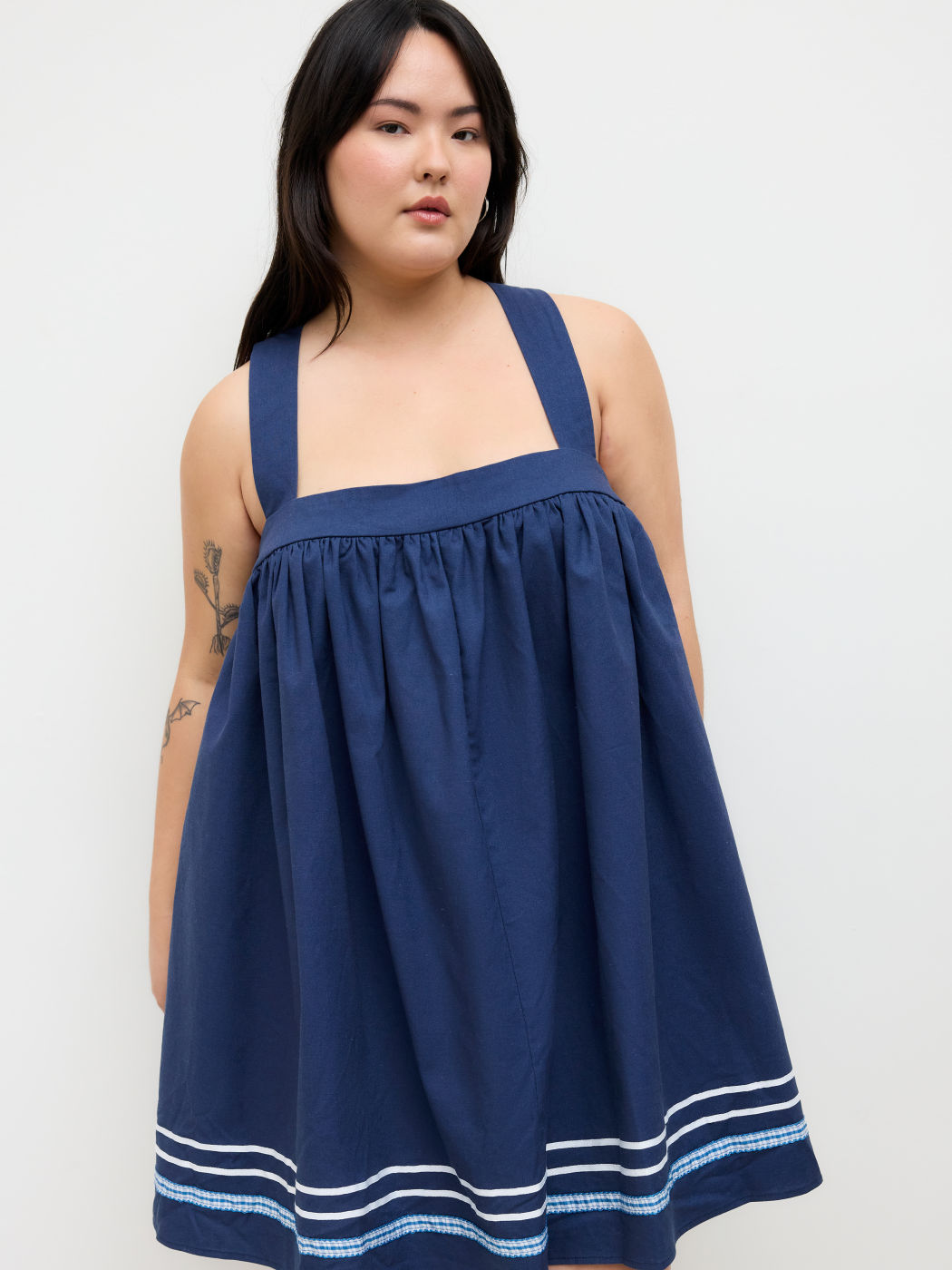 Linen-blend Square Neck Ruffle Hem Criss Cross Mini Dress Curve & Plus