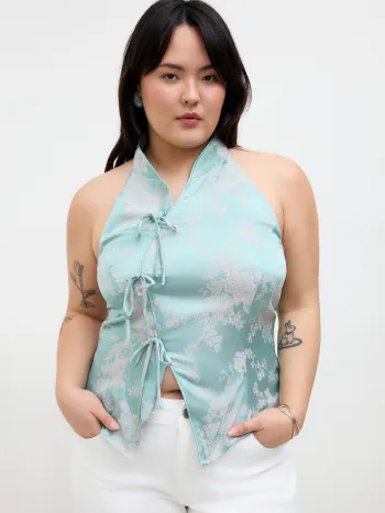 Jacquard-Mandarin-Kragen-Blumen-Bows-Tank-Top Kurve & Plus