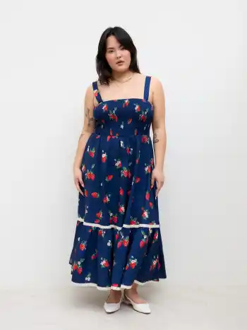 Square Neck Strawberry Shirred Tiered Maxi Dress Curve & Plus