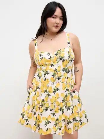 Cotton Sweetheart Neckline Lemon Shirred Mini Dress Curve & Plus