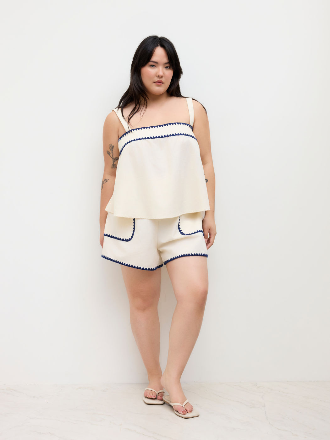 Linen-blend Contrasting Binding Oversized Cami Top & High Rise Shorts Set Curve & Plus