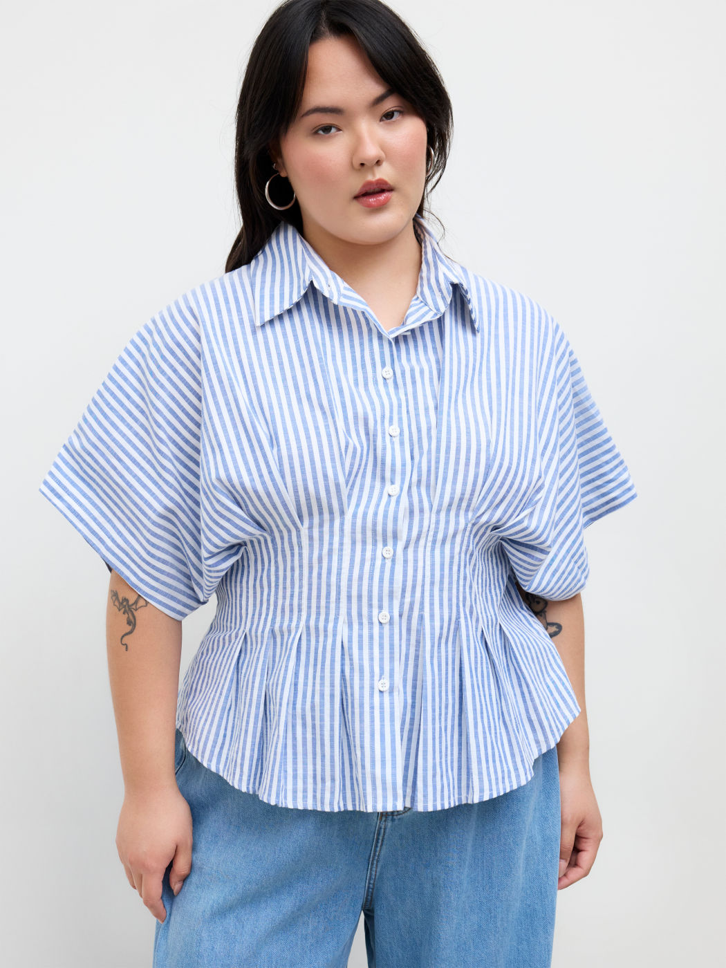 Cotton-blend Stripe Pleated Cinched Waist Shirt Curve & Plus