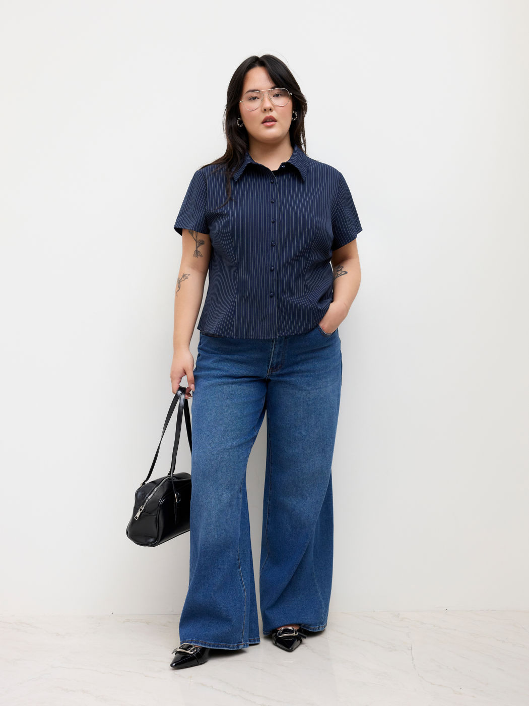 Camicia a Maniche Corte con Strisce sul Colletto Taglie Comode