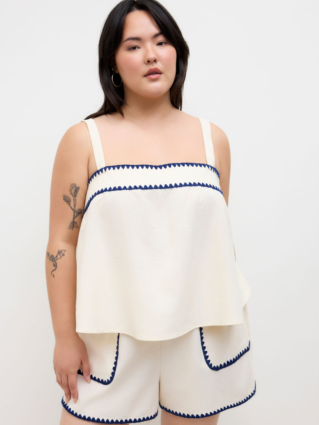 Linen-blend Contrasting Binding Oversized Cami Top & High Rise Shorts Set Curve & Plus