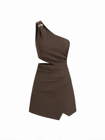 Asymmetrisch Hals Metall-Detail Ausschnitt Rüschendes Mini-Kleid