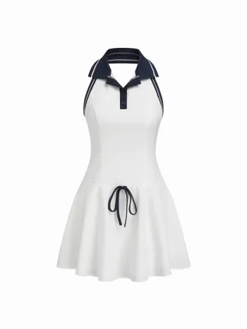 Polo-Hals-Bowschlaufe-Kontrastborte-Rüschen-Minikleid