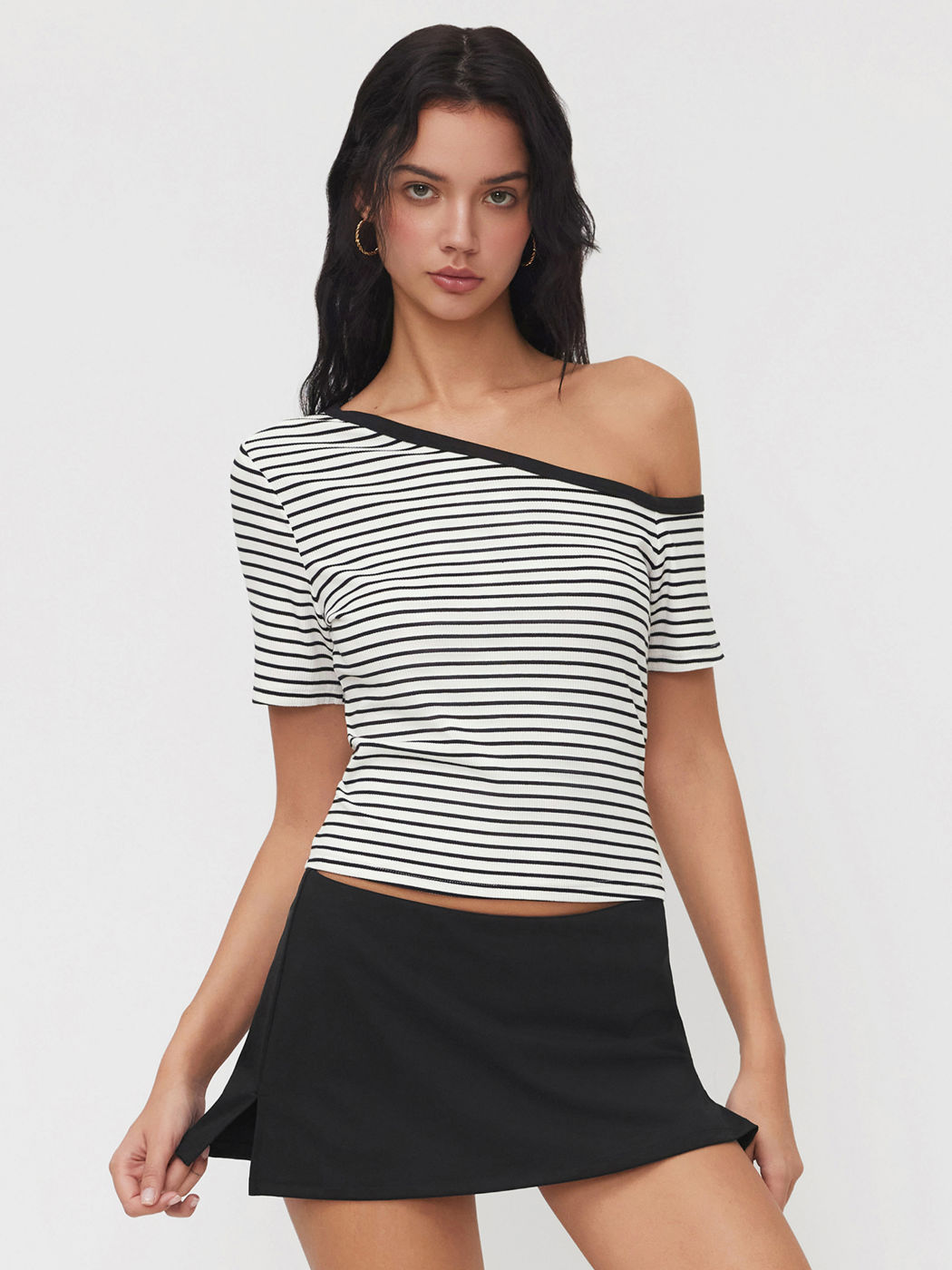 Asymmetrical Neck Stripe Contrasting Binding Short Sleeve Top