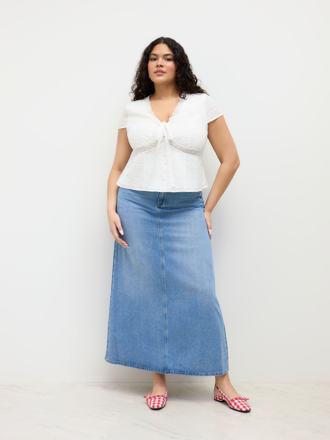 Cotton V-neck Broderie Anglaise Bowknot Blouse Curve & Plus