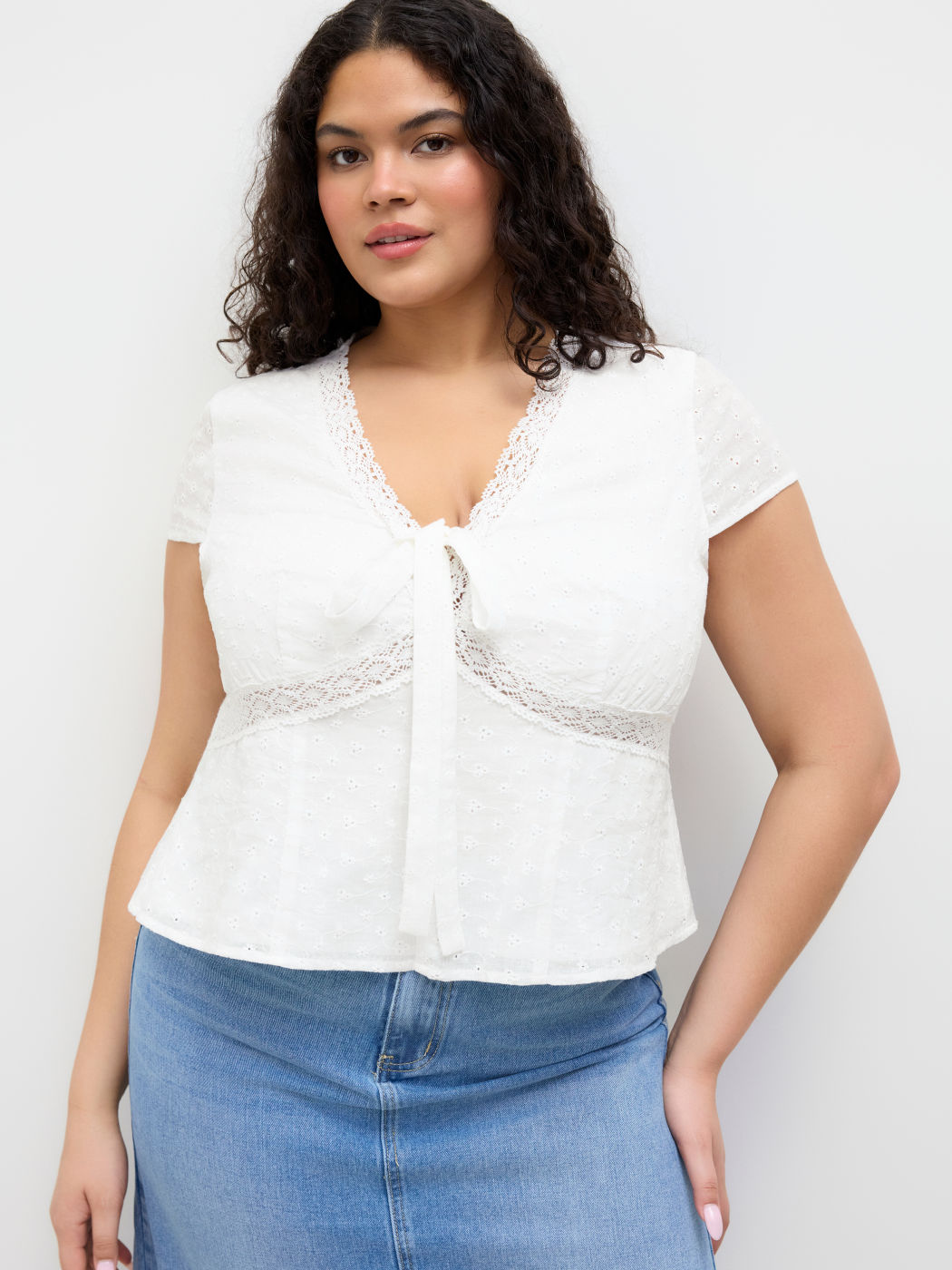 Cotton V-neck Broderie Anglaise Bowknot Blouse Curve & Plus