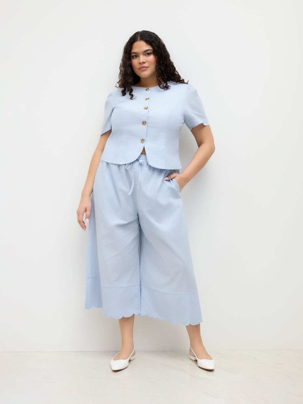Ramie-blend Mid Rise Knotted Wave Trim Cropped Wide Leg Trousers Curve & Plus