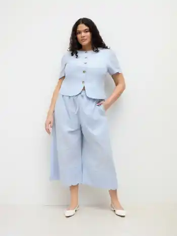 Ramie-Mischung, Mittelhohe, Knoten-Wellenbesatz, Cropped, Weite Beine, Strickhosen Kurve & Plus