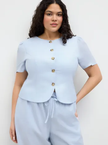 Ramie-Mischung Knopf Kurzärmlige Bluse Kurve & Plus