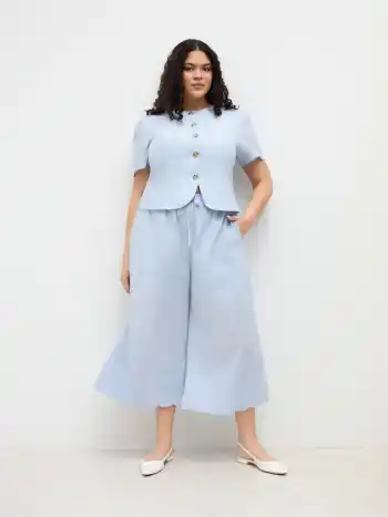 Ramie-Mischung Knopf Kurzärmlige Bluse Kurve & Plus