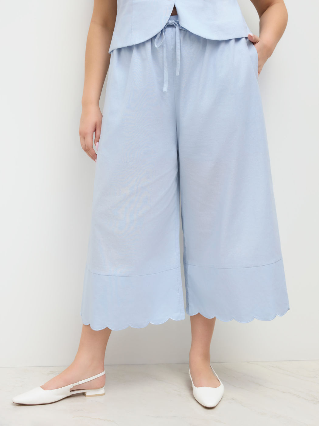 Ramie-blend Mid Rise Knotted Wave Trim Cropped Wide Leg Trousers Curve & Plus