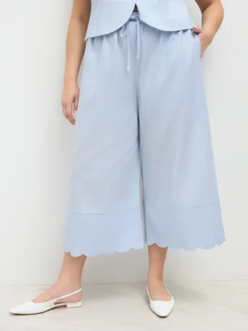 Ramie-Mischung, Mittelhohe, Knoten-Wellenbesatz, Cropped, Weite Beine, Strickhosen Kurve & Plus