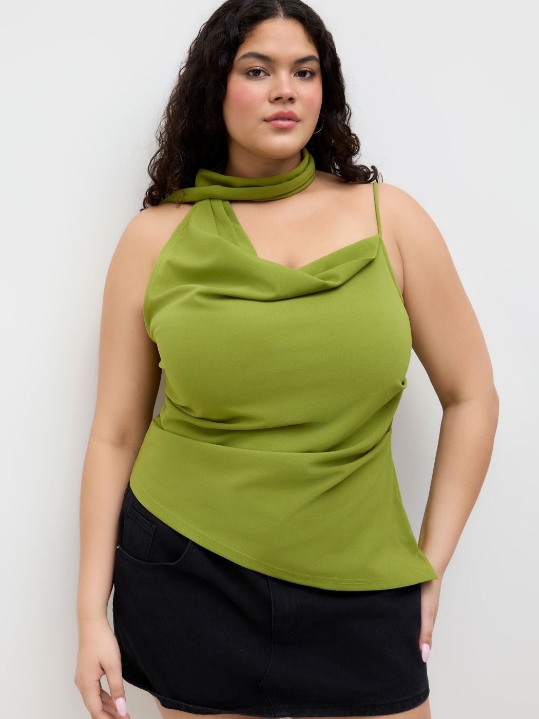 Halter Neckline Ruched Cami Top With Scarf Curve & Plus