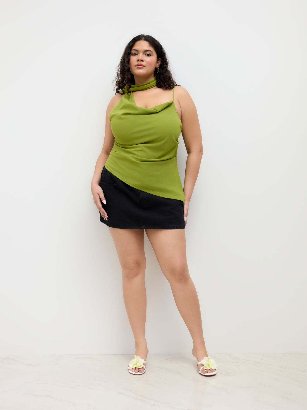 Halter Neckline Ruched Cami Top With Scarf Curve & Plus