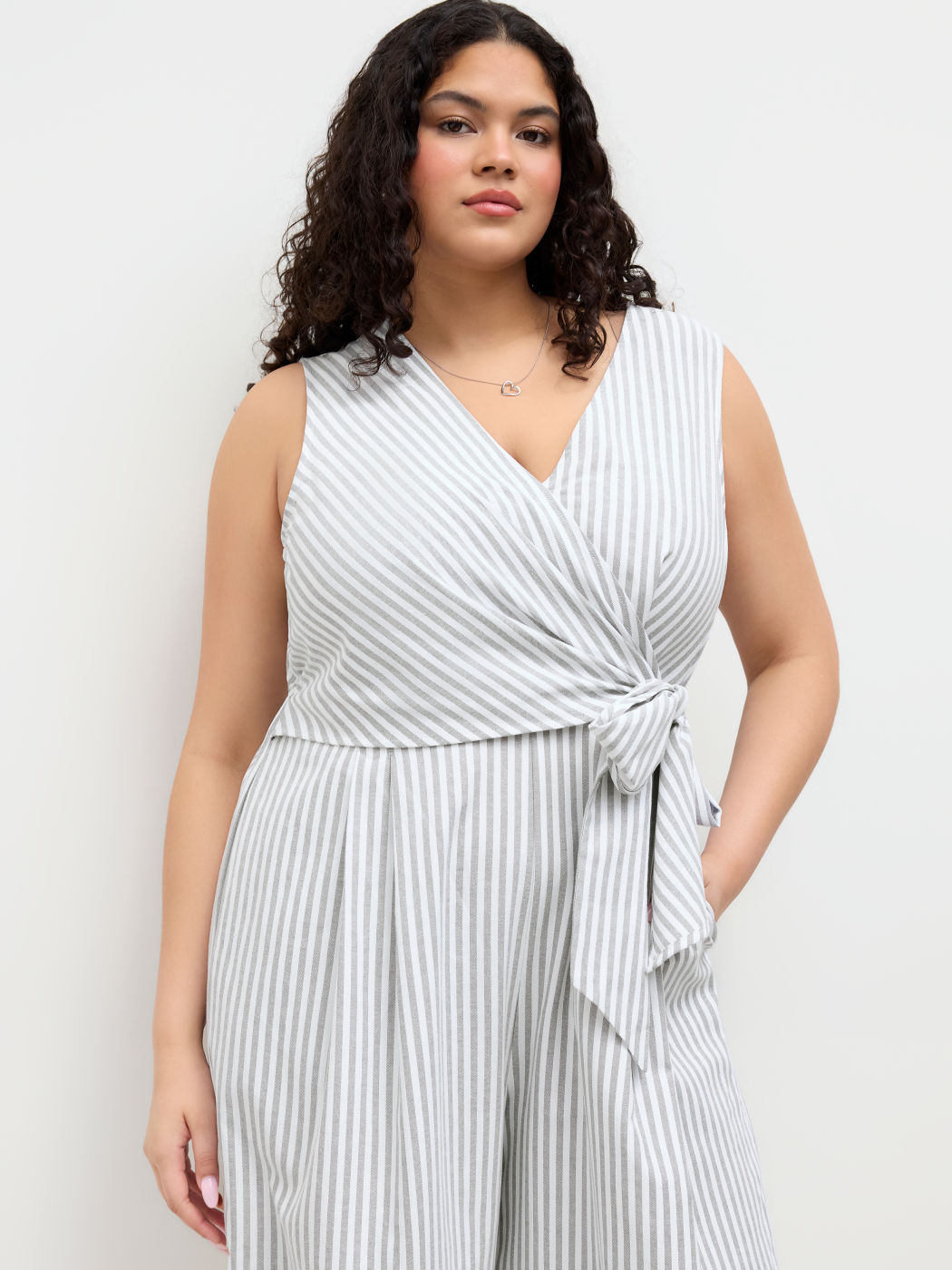 Cotton-blend V Neck Stripe Knotted Wide Leg Jumpsuit Curve & Plus