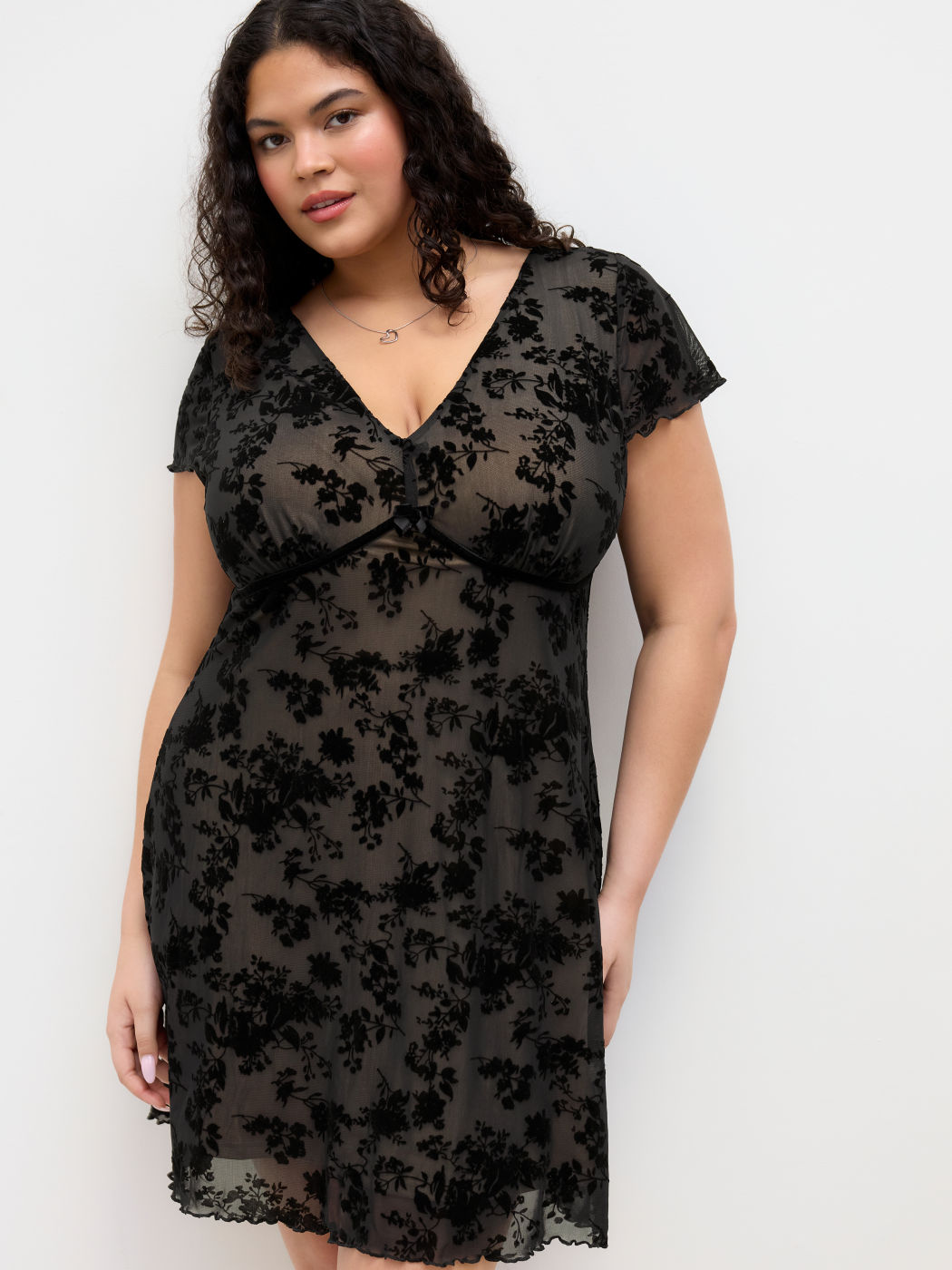 Mesh V-neck Floral Bowknot Mini Dress Curve & Plus