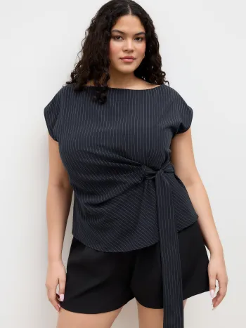 Boat Neck Stripe Knotted Top Curve & Plus
